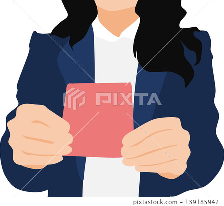 An illustration showing a close-up of a businesswoman's hands as she holds up a piece of paper. 139185942