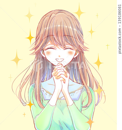一位舉止溫柔的女子，雙手交握，笑容燦爛，光彩照人。 139186081