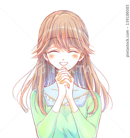 A woman with a gentle demeanor, hands clasped together, with a radiant smile. 139186085