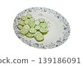 Fresh Sliced Green Cucumber Circles on White Patterned Plate 139186091