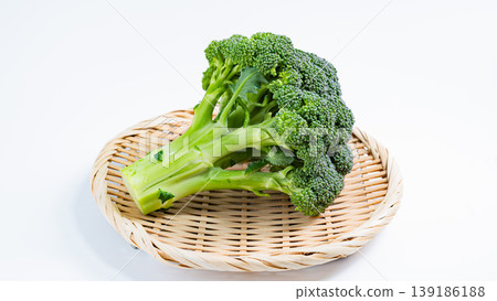 Fresh broccoli on a sieve against a white background. 139186188