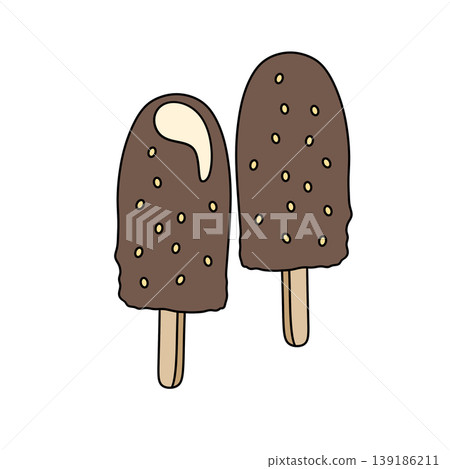 Two chocolate-covered ice pops sit side by side Two chocolate-covered ice pops sit side by side 139186211