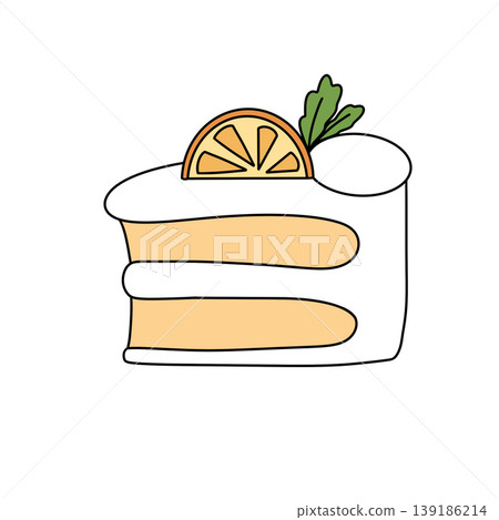 Simple cake slice, orange garnish, green herb sprig Simple cake slice, orange garnish, green herb sprig 139186214