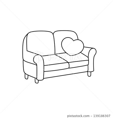 Simple line drawing shows a cozy sofa with a heart-shaped pillow Simple line drawing shows a cozy sofa with a heart-shaped pillow 139186307