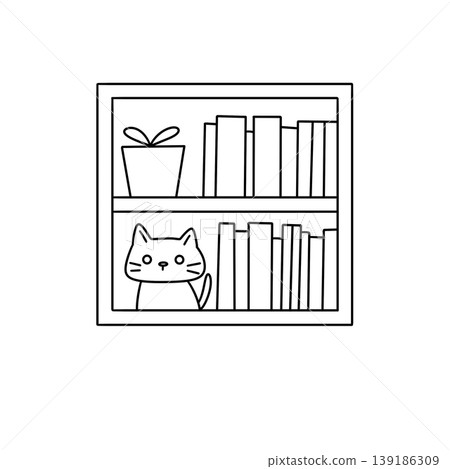 Cute cartoon cat peeks from behind bookshelf Cute cartoon cat peeks from behind bookshelf 139186309