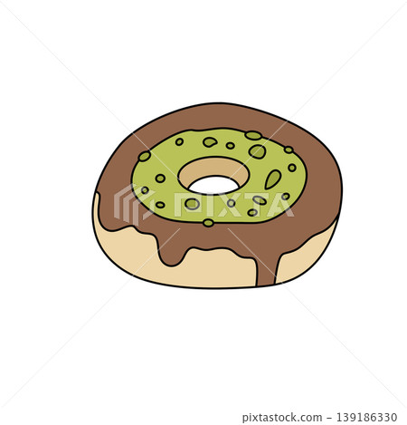 Sweet donut with green icing and chocolate drizzle 139186330