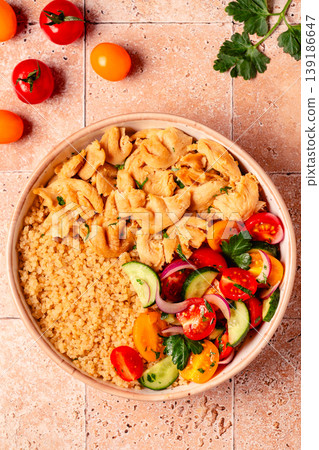 Bowl of quinoa with vegan soy meat and vegetables. 139186647