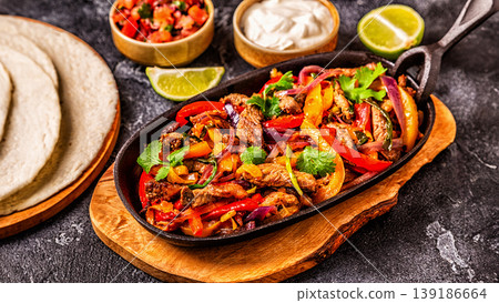 FAJITAS with colored pepper and onions, served with tortillas. 139186664