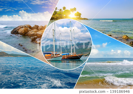 Tropical travel collage with sea landscapes and sailing yachts Tropical travel collage with sea landscapes and sailing yachts 139186946