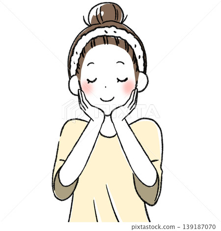 一幅描繪一位女士對自己光滑肌膚感到滿意的插圖。 139187070