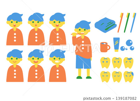 A boy brushing his teeth, a toothbrush set, and a tooth character. A boy brushing his teeth, a toothbrush set, and a tooth character. 139187082