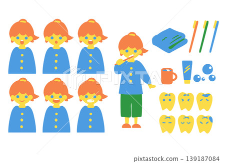 A girl brushing her teeth, a toothbrush set, and a tooth-shaped character. 139187084