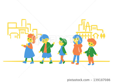 孩子們悠閒地漫步,城市景色盡收眼底。 孩子們悠閒地漫步,城市景色盡收眼底。 139187086