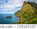 Stunning seashore view with high cliffs and green steep slopes 139187107