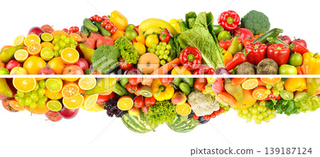 Wide composition of bright multi-colored fruits, vegetables and berries isolated on white Wide composition of bright multi-colored fruits, vegetables and berries isolated on white 139187124