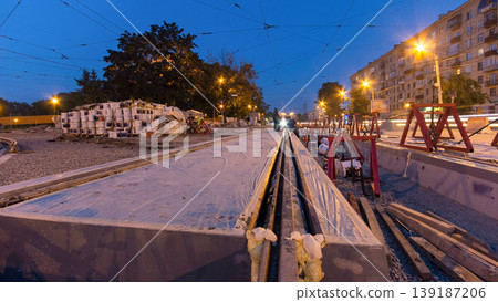 Road construction site with tram tracks repair and maintenance timelapse hyperlapse. Road construction site with tram tracks repair and maintenance timelapse hyperlapse. 139187206