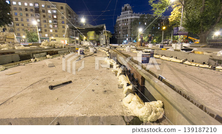 Road construction site with tram tracks repair and maintenance timelapse hyperlapse. Road construction site with tram tracks repair and maintenance timelapse hyperlapse. 139187210