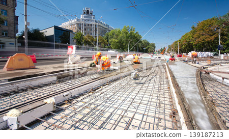 Road construction site with tram tracks repair and maintenance timelapse hyperlapse. 139187213