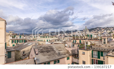 Aerial panoramic view of European city Genoa timelapse from above of old historical centre quarter districts, Liguria, Italy Aerial panoramic view of European city Genoa timelapse from above of old historical centre quarter districts, Liguria, Italy 139187217