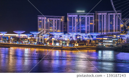 Bluewaters island aerial night timelapse with ferris wheel Bluewaters island aerial night timelapse with ferris wheel 139187243