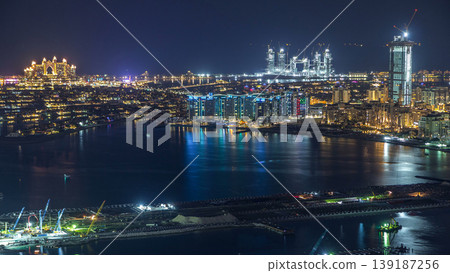 Aerial view of Palm Jumeirah Island night timelapse. Aerial view of Palm Jumeirah Island night timelapse. 139187256