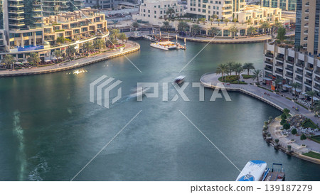Luxury Dubai Marina canal with passing boats and promenade timelapse, Dubai, United Arab Emirates Luxury Dubai Marina canal with passing boats and promenade timelapse, Dubai, United Arab Emirates 139187279
