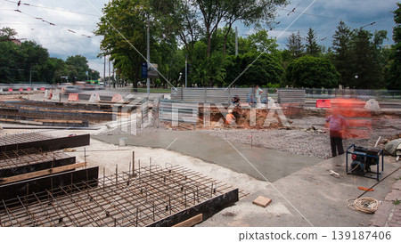 Road construction site with tram tracks repair and maintenance timelapse. Road construction site with tram tracks repair and maintenance timelapse. 139187406