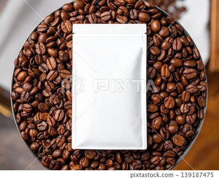 Roasted coffee beans with coffee package mockup Roasted coffee beans with coffee package mockup 139187475