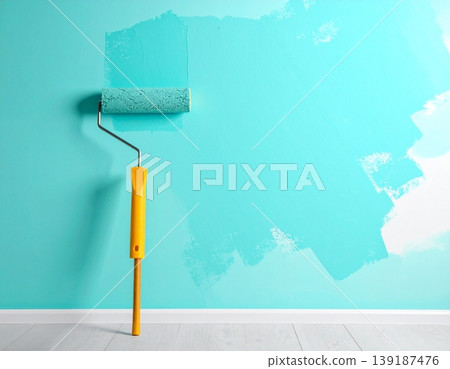 A vibrant splash of soft turquoise paint brings life to a blank wall A vibrant splash of soft turquoise paint brings life to a blank wall 139187476