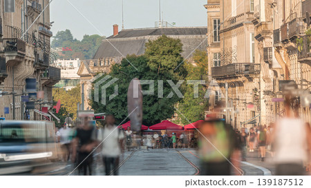 L'Intendance Street in Bordeaux timelapse during sunset with modern trams L'Intendance Street in Bordeaux timelapse during sunset with modern trams 139187512