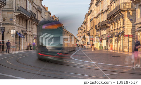 L'Intendance Street in Bordeaux timelapse during sunset with modern trams 139187517