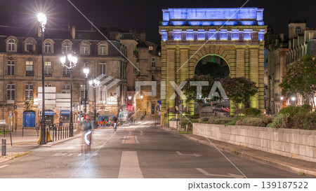 Porte de Bourgogne night timelapse, historic medieval gate in Bordeaux, France. Porte de Bourgogne night timelapse, historic medieval gate in Bordeaux, France. 139187522