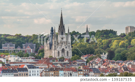 Aerial view of Notre Dame de Laeken church spires timelapse in Brussels, Belgium. 139187535