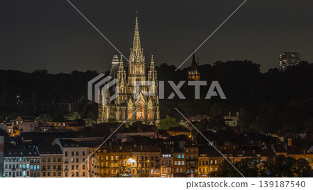 Aerial view of Notre Dame de Laeken church spires night timelapse in Brussels, Belgium. Aerial view of Notre Dame de Laeken church spires night timelapse in Brussels, Belgium. 139187540
