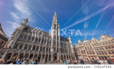 Timelapse hyperlapse of Town Hall on the Grand Place in Brussels, Belgium. Timelapse hyperlapse of Town Hall on the Grand Place in Brussels, Belgium. 139187544