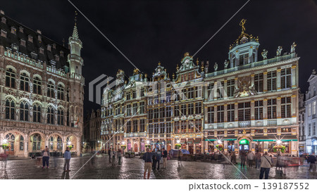 Night hyperlapse of the illuminated Grand Place Guilds facade in Brussels, Belgium. Night hyperlapse of the illuminated Grand Place Guilds facade in Brussels, Belgium. 139187552