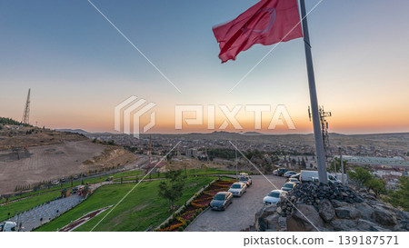 Sunset view from old castle in historical city town of Nevsehir aerial timelapse 139187571