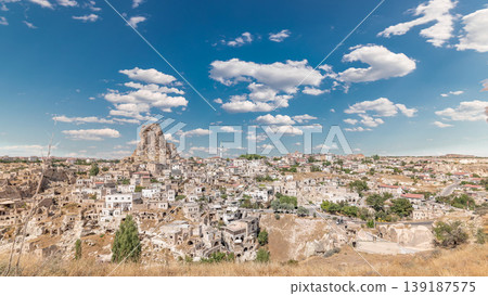 View of Ortahisar town old houses in rock formations from Ortahisar Castle aerial timelapse. View of Ortahisar town old houses in rock formations from Ortahisar Castle aerial timelapse. 139187575