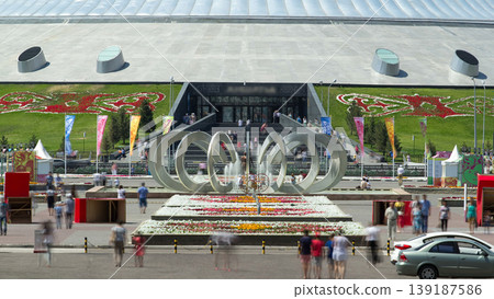 Khan Shatyr and Fountain Horseshoe and Wheel timelapse. Nur-Sultan, KAZAKHSTAN Khan Shatyr and Fountain Horseshoe and Wheel timelapse. Nur-Sultan, KAZAKHSTAN 139187586