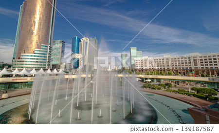 New business district timelapse hyperlapse from bridge in the capital of Kazakhstan in Astana. 139187587