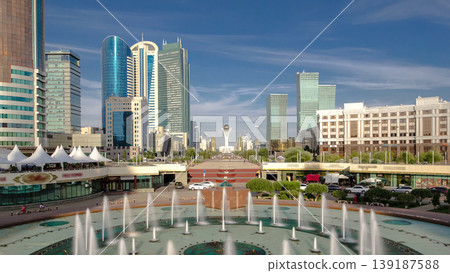 Music fountain and new business district timelapse from bridge in Astana. 139187588