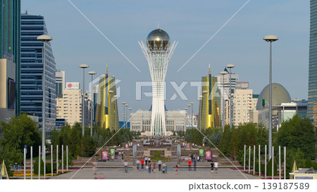 The city of Nur-Sultan timelapse, symbol of the city - Baiterek area. Astana, Kazakhstan 139187589