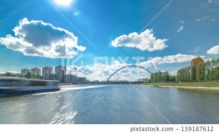 Astana, Kazakhstan. View from Pleasure boat on the river Ishim timelapse hyperlapse drivelapse in Astana. 139187612