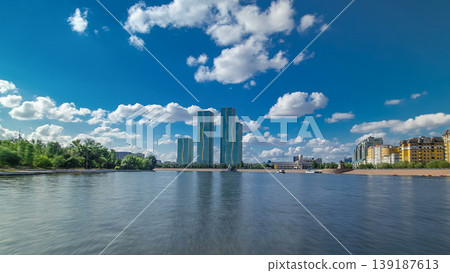 Astana, Kazakhstan. View from Pleasure boat on the river Ishim timelapse hyperlapse drivelapse in Astana. 139187613