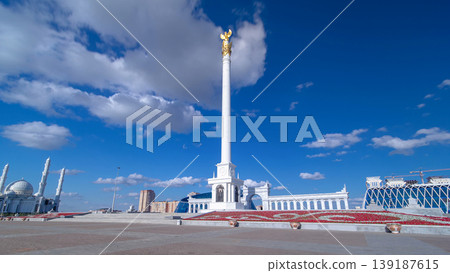 View of the Kazakh Eli Monument timelapse hyperlapse on Independence Square in Astana, the capital of Kazakhstan. 139187615