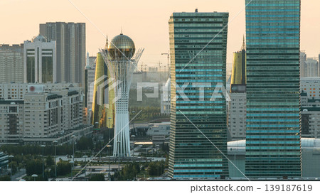 Elevated morning view over the city center and central business district with bayterek Timelapse, Kazakhstan, Astana 139187619