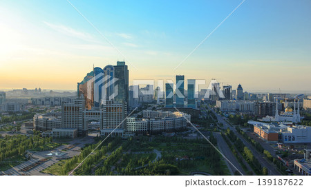 Elevated morning view over the city center and central business district timelapse, Kazakhstan, Astana 139187622