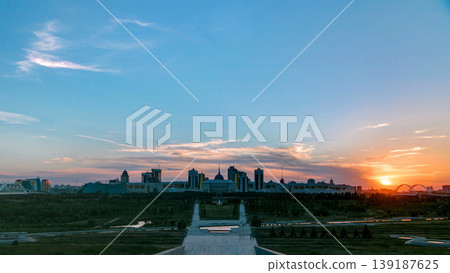 Panorama with sunset of the Astana city timelapse and the president's residence Akorda with park 139187625