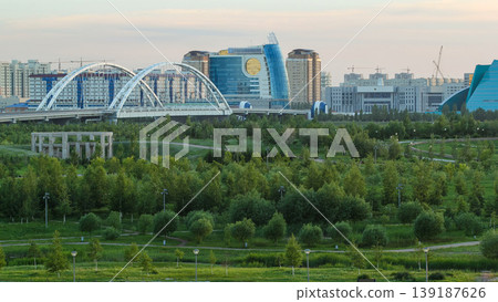 Panorama of the Astana city before sunset timelapse with bridge and buildings. View over the park 139187626
