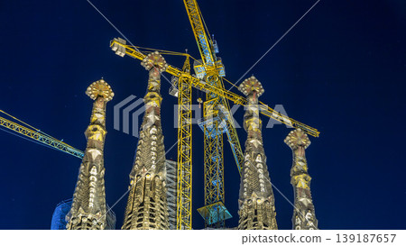 Sagrada Familia, a large church in Barcelona, Spain night timelapse. Sagrada Familia, a large church in Barcelona, Spain night timelapse. 139187657